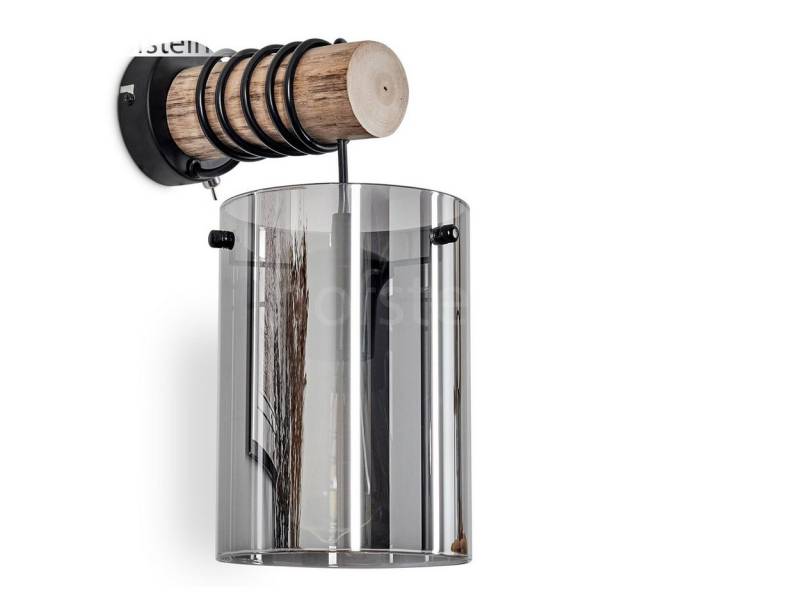 hofstein Wandleuchte Wandlampe aus Metall/Holz/Glas in Schwarz/Natur/Chrom/Rauch, ohne Leuchtmittel, moderne Retro-Design Leuchte, Glasschirm(15 cm) u. Schalter, 1 x E27 von hofstein