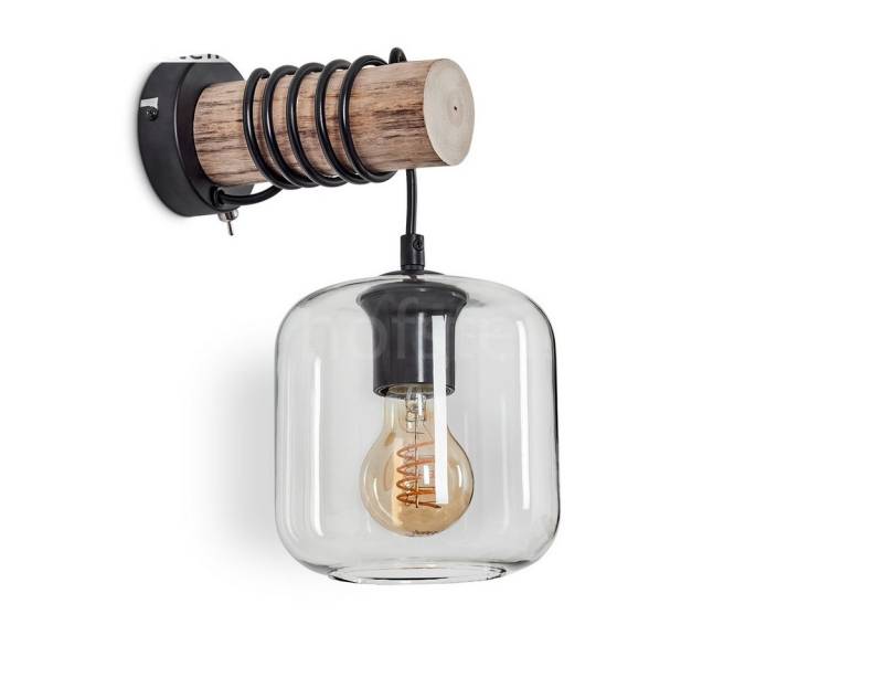 hofstein Wandleuchte Wandlampe aus Metall/Holz/Glas in Schwarz/Natur/Klar, ohne Leuchtmittel, Leuchte mit Glasschirmen (15cm) u. Schalter, 1xE27, ohne Leuchtmittel von hofstein
