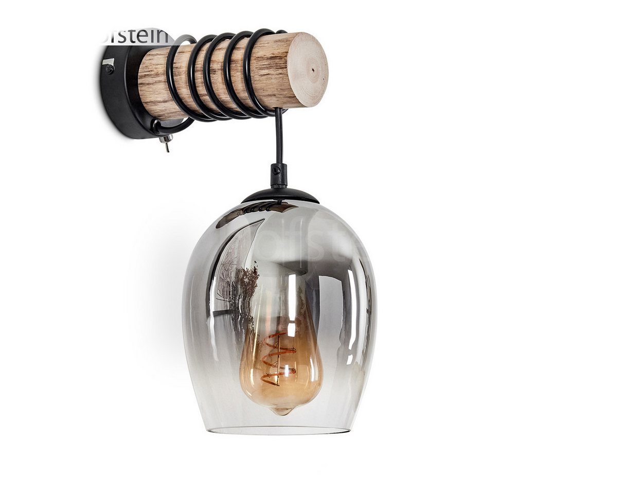 hofstein Wandleuchte Wandlampe aus Metall/Holz/Glas in Schwarz/Natur/Klar/Rauch, ohne Leuchtmittel, moderne Retro-Design Leuchte, Glasschirm(15 cm) u. Schalter, 1 x E27 von hofstein