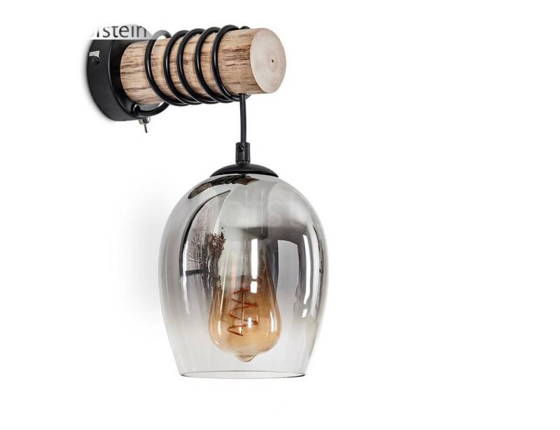 hofstein Wandleuchte Wandlampe aus Metall/Holz/Glas in Schwarz/Natur/Klar/Rauch, ohne Leuchtmittel, moderne Retro-Design Leuchte, Glasschirm(15 cm) u. Schalter, 1 x E27 von hofstein