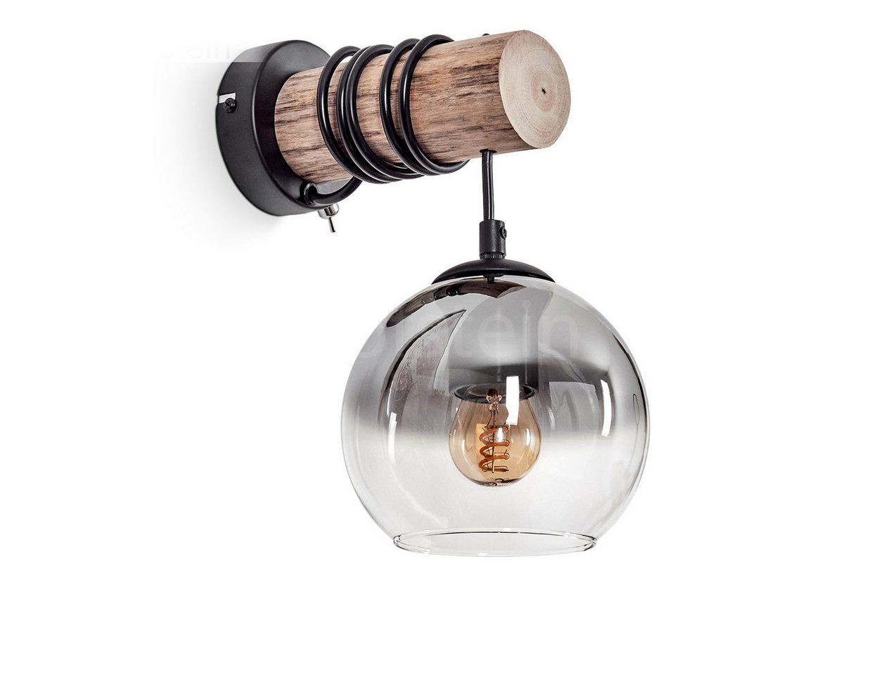hofstein Wandleuchte Wandlampe aus Metall/Holz/Glas in Schwarz/Natur/Rauchfarben/Klar, ohne Leuchtmittel, Leuchte, Schirm aus Glas (15cm) u. Schalter, 1xE27, ohne Leuchtmittel von hofstein