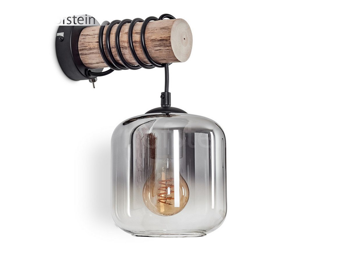 hofstein Wandleuchte Wandlampe aus Metall/Holz/Glas in Schwarz/Natur/Rauchfarben/Klar, ohne Leuchtmittel, Leuchte, Schirm aus Glas (15cm) u. Schalter, 1xE27, ohne Leuchtmittel von hofstein