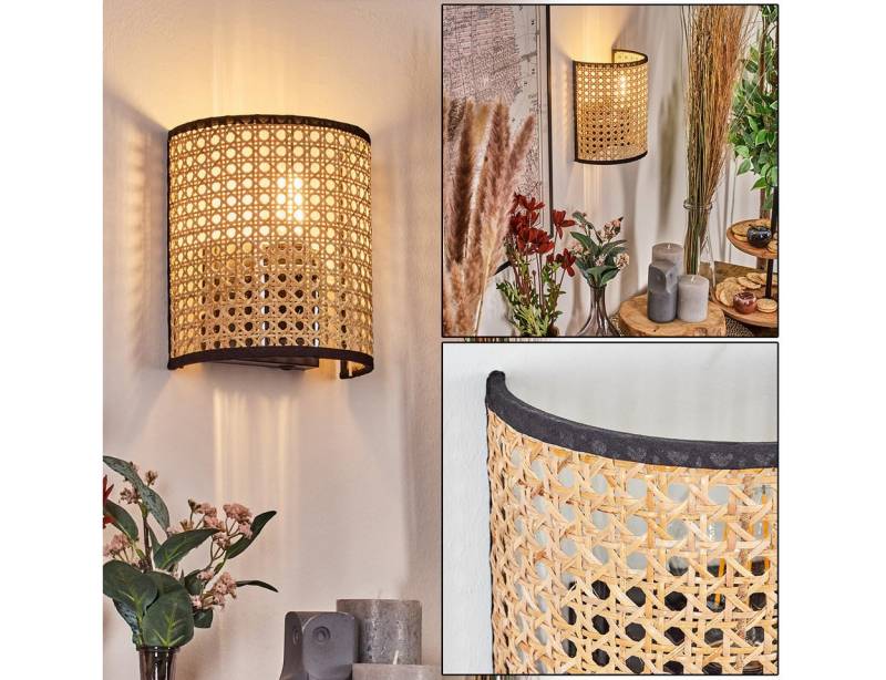 hofstein Wandleuchte Wandlampe aus Metall/Rattan/Wienergeflecht/Stoff in Schwarz/Natur, Wandleuchte Boho-Design, Stecker u. Schalter, abnehmbares Kabel, E27 von hofstein