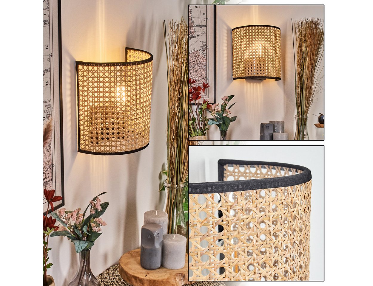 hofstein Wandleuchte Wandlampe aus Metall/Rattan/Wienergeflecht/Stoff in Schwarz/Natur, Wandleuchte Boho-Design, Stecker u. Schalter, abnehmbares Kabel, E27 hofstein Wandleuchte Wandlampe aus Metall/Rattan/Wienergeflecht/Stoff in Schwarz/Natur, Wandleuchte Boho-Design, Stecker u. Schalter, abnehmbares Kabel, E27 von hofstein