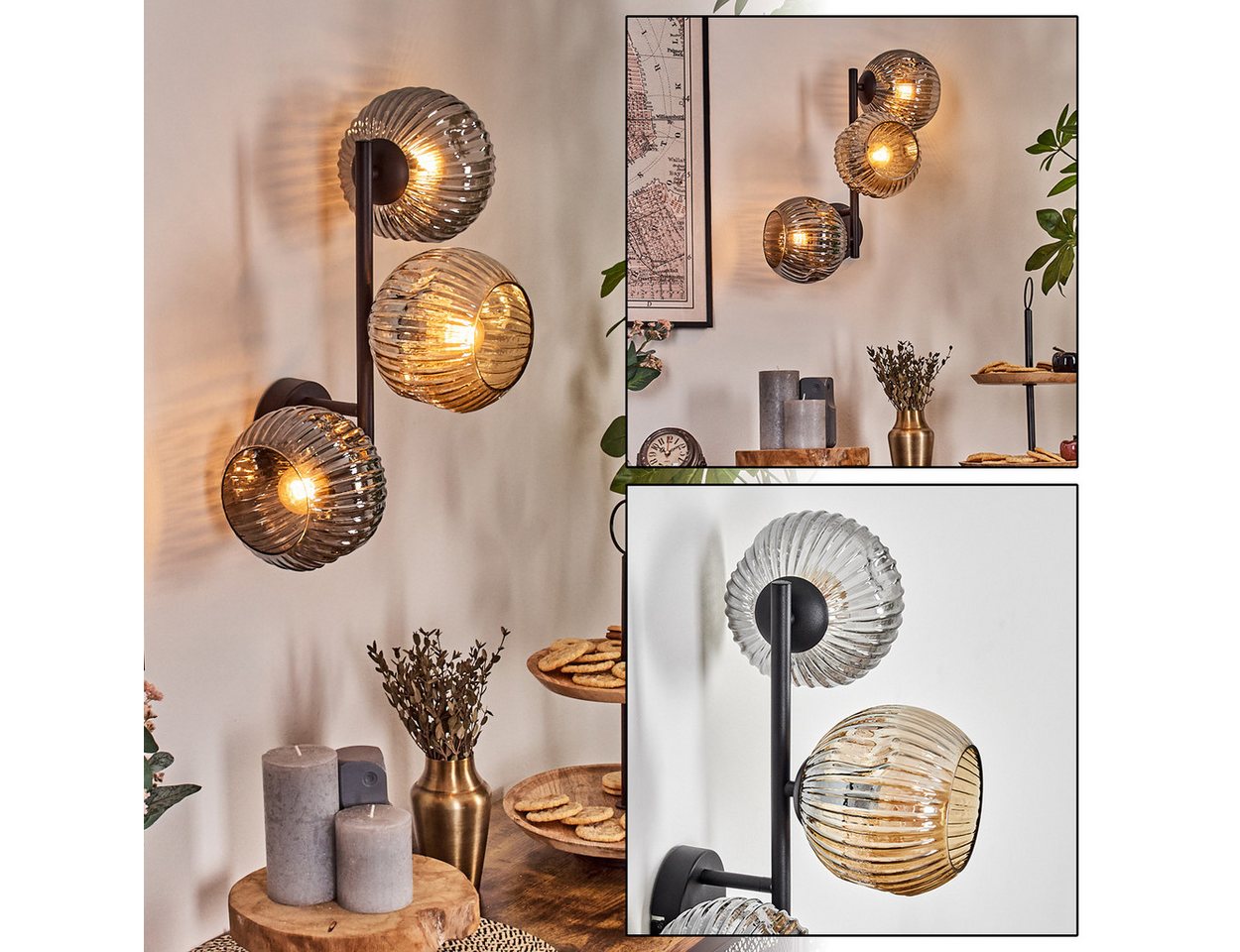 hofstein Wandleuchte Wandlampe aus Metall/Riffelglas in Schwarz/Bernstein-/Rauchfarben, ohne Leuchtmittel, moderne Wandleuchte im Retro/Vintage-Design (Schirme 15 cm), E14 von hofstein