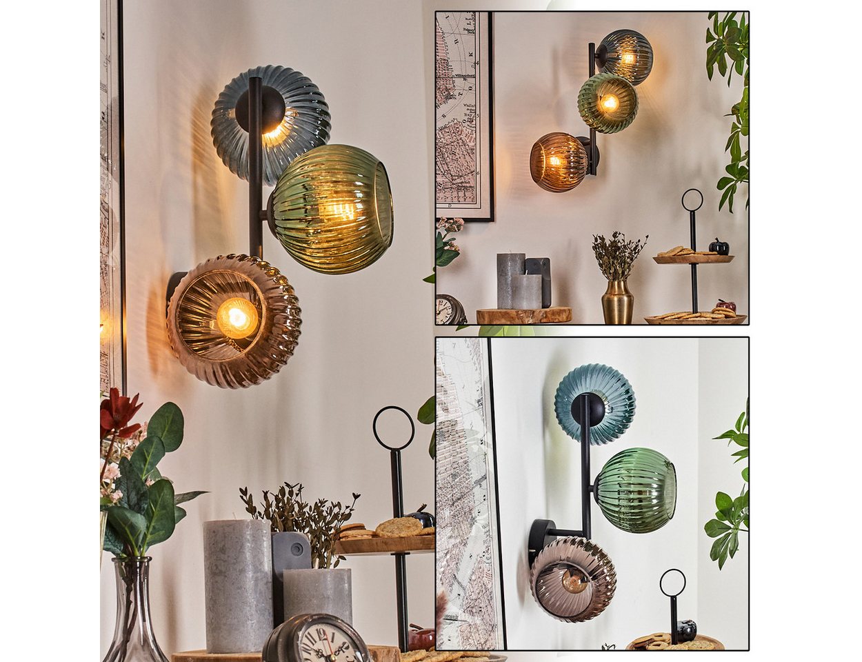 hofstein Wandleuchte Wandlampe aus Metall/Riffelglas in Schwarz/Blau/Grün/Kupferfarben, ohne Leuchtmittel, moderne Wandleuchte im Retro/Vintage-Design (Schirme 15 cm), E14 von hofstein