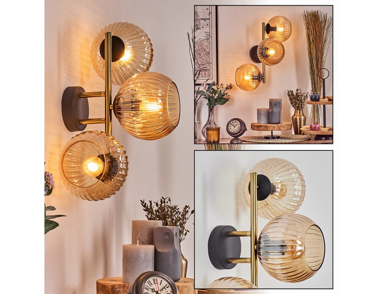 hofstein Wandleuchte Wandlampe aus Metall/Riffelglas in Schwarz/Gold/Bernstein, ohne Leuchtmittel, moderne Wandleuchte im Retro/Vintage-Design (Schirme 15 cm), E14 von hofstein