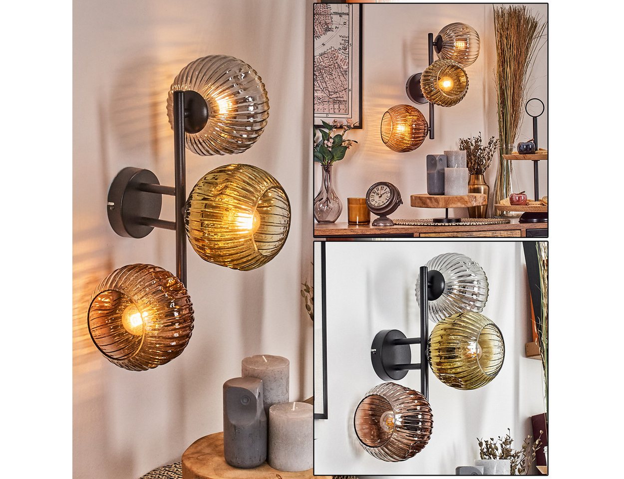 hofstein Wandleuchte Wandlampe aus Metall/Riffelglas in Schwarz/Rauch/Kupfer/Gold/Klar, moderne Leuchte im Retro/Vintage-Design (Schirme Ø 15 cm), E14 von hofstein