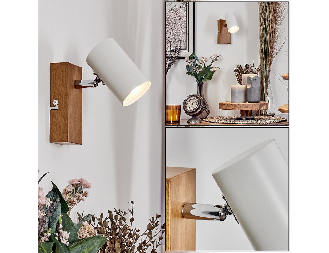 hofstein Wandleuchte Wandlampe aus Metall in Holzoptik/Chrom/Weiß, ohne Leuchtmittel, Leuchte im modernen Design mit verstellbarem Schirm (5,5 cm), GU10 von hofstein