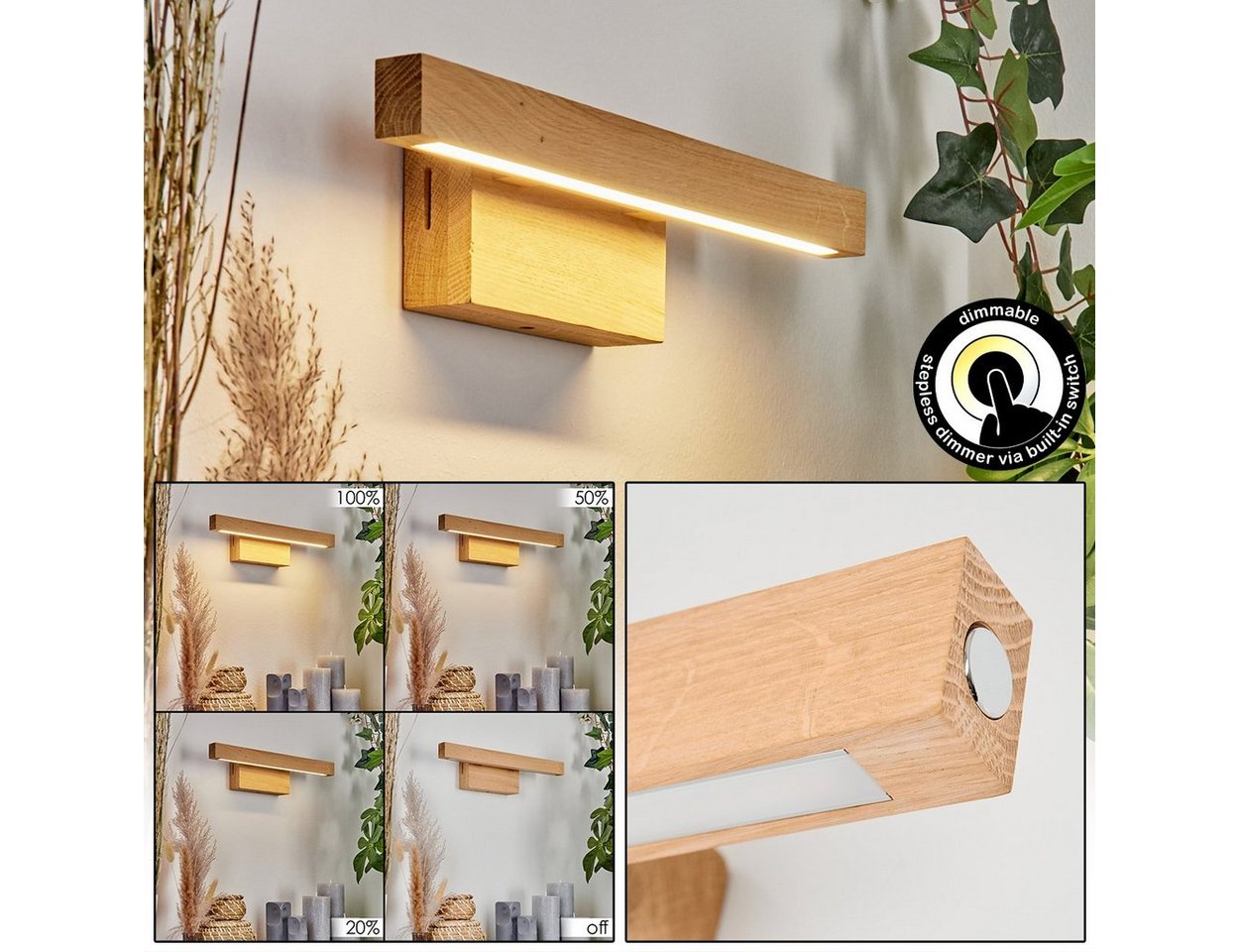 hofstein Wandleuchte moderne Wandlampe aus Holz/Kunststoff in Natur/Weiß, LED fest integriert, 3000 Kelvin, dimmbar über An-/Ausschalter am Gehäuse, 5,3 Watt, 490 Lumen von hofstein