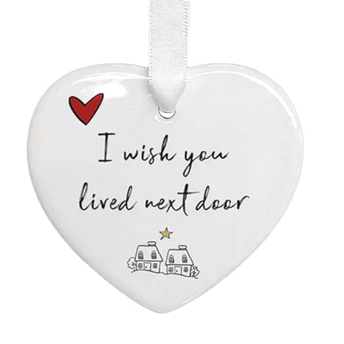 „I Wish You Lived Next Door“-Ornament | Keramik-Herz-Hängeornament | Freundschafts- und Schwesternschaftsgeschenk | Robin Appear Wanddekoration mit rotem Band für die Weihnachtsbaumdekoration von holexty