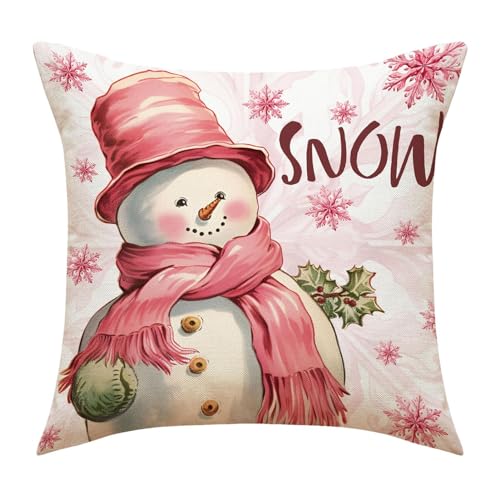 Weihnachtskissenbezüge | Rosa Dekokissenbezüge 4er-Set | Rosa Weihnachtsdekorationen | Rosa Weihnachtsmann-Schneemann-Weihnachtsbaum-Kissenbezüge für Sofa, Couch, Bett, Schlafzimmer, Dekoration von holexty