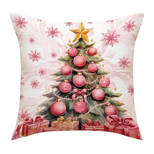 Weihnachtskissenbezüge | Rosa Dekokissenbezüge 4er-Set | Rosa Weihnachtsdekorationen | Rosa Weihnachtsmann-Schneemann-Weihnachtsbaum-Kissenbezüge für Sofa, Couch, Bett, Schlafzimmer, Dekoration von holexty