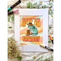 Cowboy Frosch Original Kunstdruck | Ride "Em Poster Skurrile Wanddekoration Retro Buntes Aquarell Kunstwerk von hollandaize