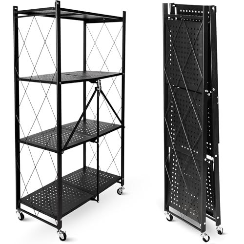 deluxe4home® Klappbares Regal mit Rollen Schwarz I 4 Fächer/Böden Rollbares Faltregal als Kellerregal Abstellraum I Rollregal Ordnungssystem einfach verstaubar von holz4home