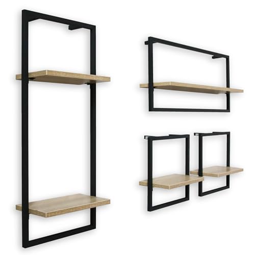 holz4home® 4-teiliges Wandregal Set I Schwarz gerahmt mit Holzoptik I Hochwertiges MDF I inkl. Befestigungen aus Stahl für Schweberegal Industrial Flair von holz4home