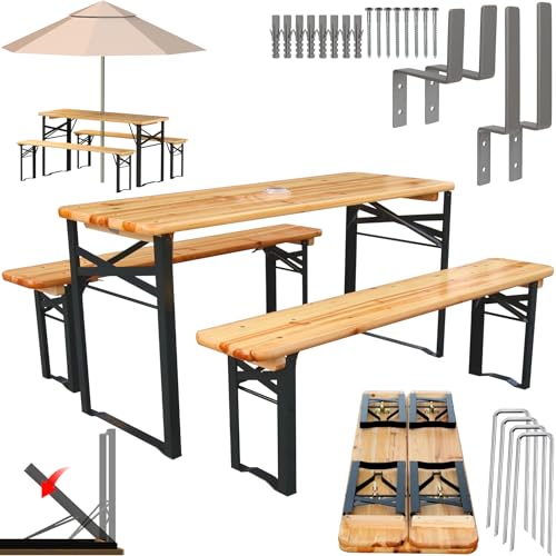 holz4home® Kinder Festzeltgarnitur 3-teilig aus Holz Klappbar I 107x40x53 cm I Tisch + 2 Bänke I Bierzeltgarnitur Wandhalterung, 12x Bodenhering I Sitzgarnitur von holz4home