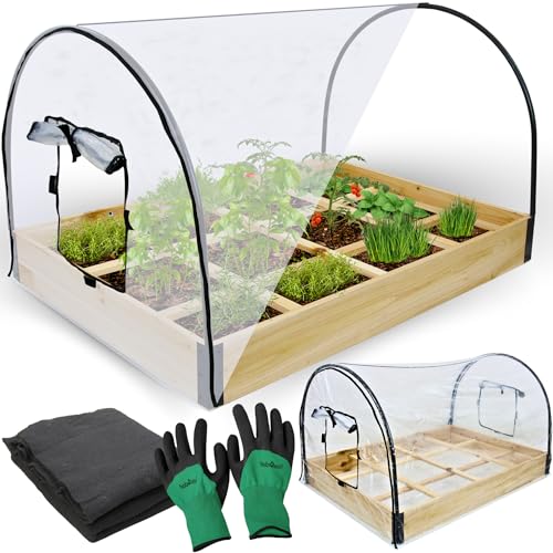 holz4home® Gemüsebeet aus Tannenholz I 115x80x68 cm I Treibhaus mit Abnehmbarer Folie I inkl. Gartenhandschuhe & Einlegevlies I Frühbeet Anzuchtbeet Gartenbeet Blumenbeet Hochbeet von holz4home