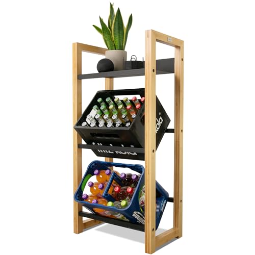 holz4home® Getränkekistenregal aus Bambus inkl. Edelstahlablage 3 Kisten I 56x32x112 cm I Massives Getränkeregal Metallstreben I Farbe: Schwarz I Kistenregal Weinregal für Keller von holz4home