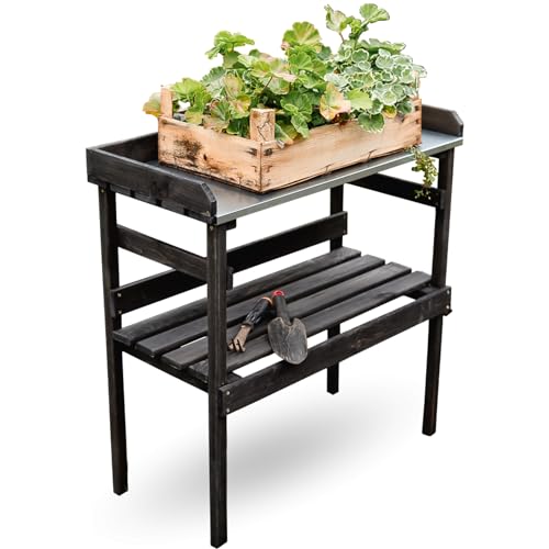 holz4home® Holz Pflanztisch Schwarz mit 2 Ablagen aus Fichtenholz I Tisch für Gartenarbeiten im Innen- & Außenbereich I 78 x 82 x 38 cm (BxHxL) | Perfekt für Gartenarbeit – Schont Rücken & Beine von holz4home