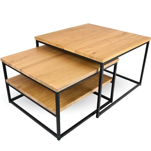 holz4home® Couchtisch 2er-Set aus hochwertigem Eichenholz I Wohnzimmertisch aus Massivholz I Tisch Set aus Echtholz mit Ablage I Ausziehbarer Beistelltisch im Industrial Style von holz4home