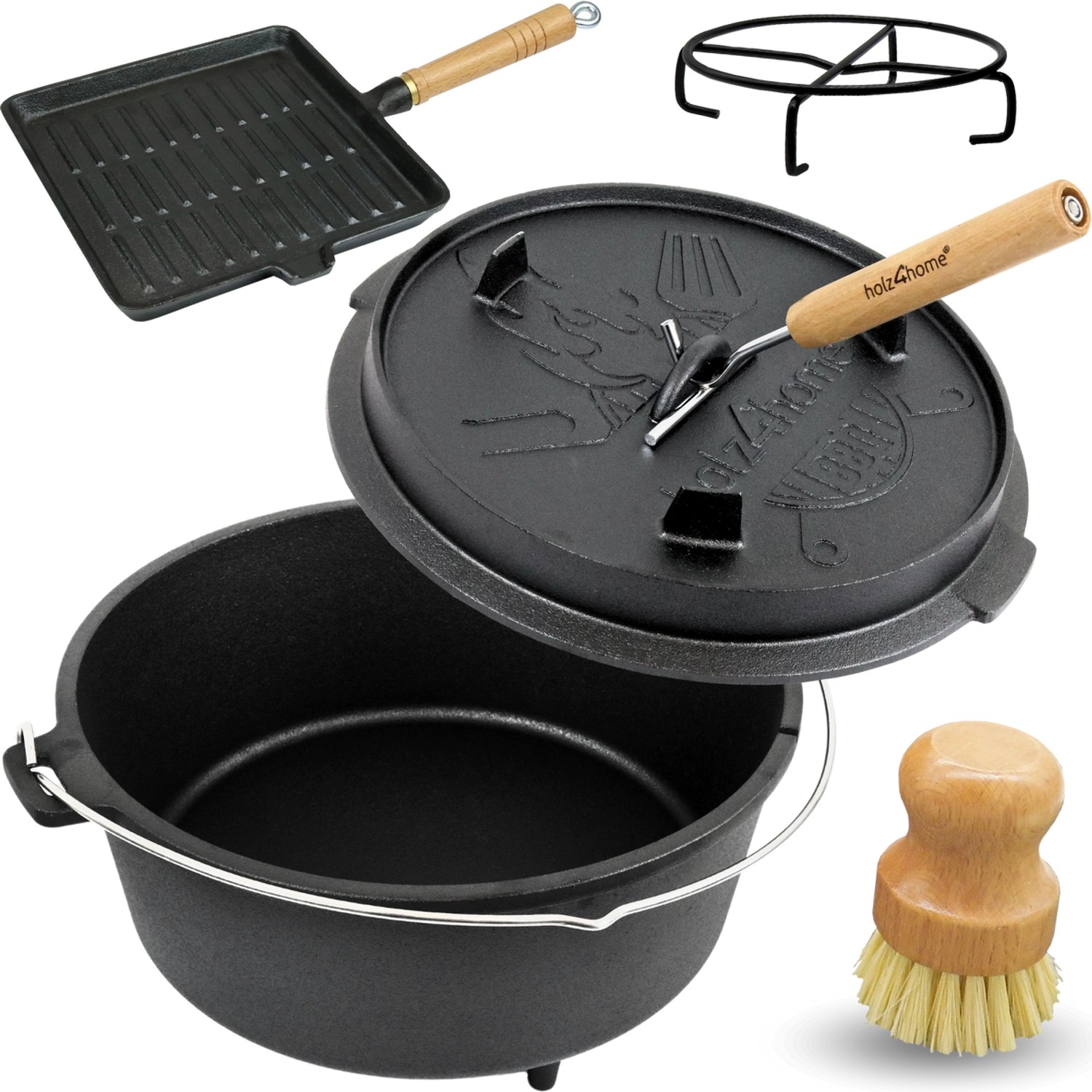 holz4home Dutch Oven Set 6teilig Eingebrannter Feuertopf 9L aus Gusseisen Inklusive Pfanne Topfständer Deckelheber und Reinigungsbürste holz4home Dutch Oven Set 6teilig Eingebrannter Feuertopf 9L aus Gusseisen Inklusive Pfanne Topfständer Deckelheber und Reinigungsbürste von holz4home