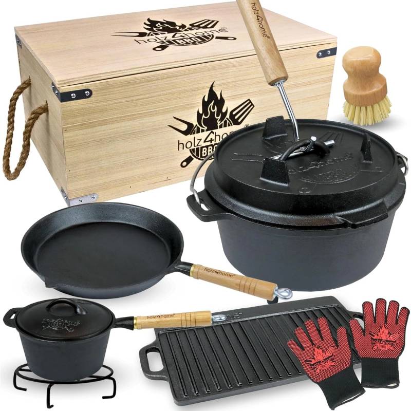 holz4home Dutch Oven Set 9teilig in Holzkiste 3,6L Feuertopf Viel Zubehör Kleiner Topf, Grillplatte, Pfanne, Handschuhe holz4home Dutch Oven Set 9teilig in Holzkiste 3,6L Feuertopf Viel Zubehör Kleiner Topf, Grillplatte, Pfanne, Handschuhe von holz4home