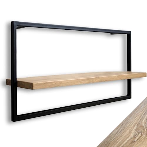 holz4home® Wandregal Long in schwarz gerahmt I Hochwertiges Eichenholz I 30x70x15cm I Ohne Baumkante, Hellgrau geölt I Inkl. Befestigungen Aus Stahl Für Schweberegal Industrial Flair von holz4home