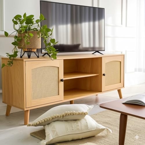 holzart Mid Century Moderner Rattan-TV-Ständer für 60-Zoll-Fernseher – Boho-Entertainment-Center mit 2 natürlichen Rattan-Türen für Wohnzimmer, Eiche von holzart