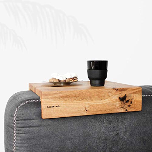 holzblock Coffy Premium Sofatablett Holz | Armlehnenablage Sofa-Butler | Couch Ablage | Getränkehalter für Kaffee & Tee | Holztablett Sofa | Couch Tablett aus Eiche, Nuss (Eiche, 17cm) von holzblock