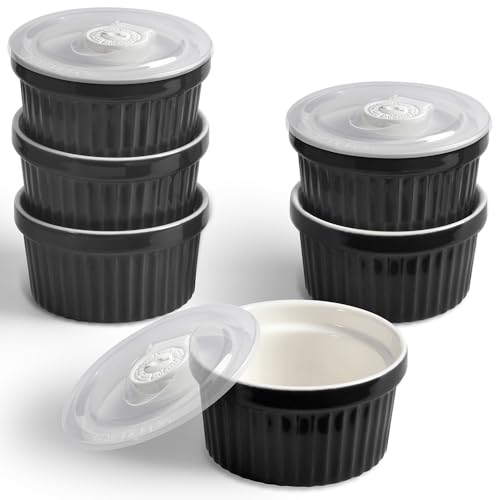homEdge Auflaufförmchen-Set aus Porzellan mit Deckel, 240 ml Eisschale, Creme Brûlée Auflaufförmchen Soufflé-Tasse zum Backen, 6 Stück, Schwarz von homEdge