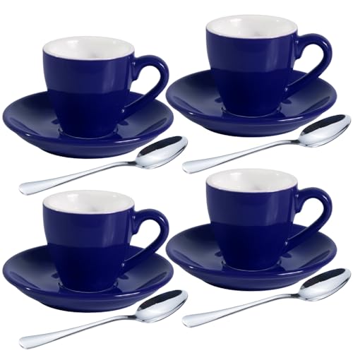 homEdge Espresso-Schnapsbecher-Set aus Porzellan mit Untertassen und Edelstahllöffeln, 80 ml, Marineblau, 4 Stück von homEdge