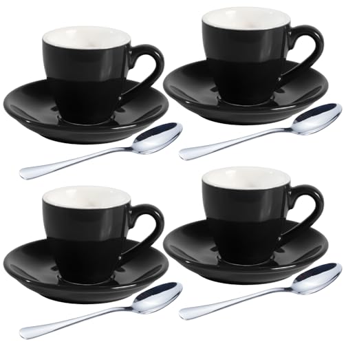 homEdge Espresso-Schnapsbecher-Set aus Porzellan mit Untertassen und Edelstahllöffeln, 80 ml, Schwarz, 4 Stück von homEdge