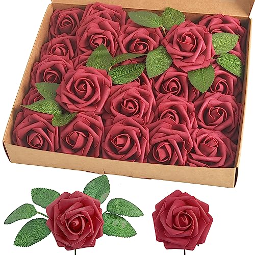 homEdge Künstliche Rose, Schaumstoff, künstliche Blumen mit Stiel, für Heimdekorationen, Hochzeitssträuße, Party, Certerpieces, Jubiläen, Burgunderrot, 25 Stück von homEdge