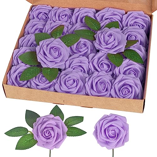 homEdge Künstliche Rose, Schaumstoff, künstliche Blumen mit Stiel, für Heimdekorationen, Hochzeitssträuße, Party, Certerpieces, Jubiläen, Lila, 25 Stück von homEdge