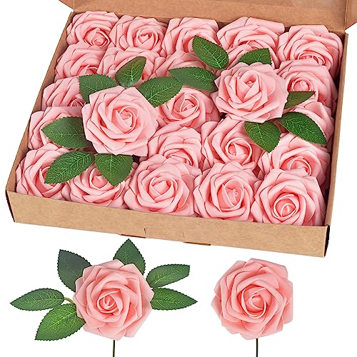 homEdge Künstliche Rosen, Schaumstoff, künstliche Blumen mit Stiel, für Heimdekorationen, Hochzeitssträuße, Party, Certerpieces, Jubiläen, Rouge, 25 Stück von homEdge