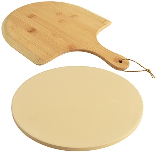 homEdge Pizzastein-Set, robuster runder Cordierit-Backstein für Brot, Pizza, thermisch stoßfester Kochstein mit Bambus-Pizzaschaufel-Paddel für Ofen und Grill-30,5 cm (Durchmesser) von homEdge