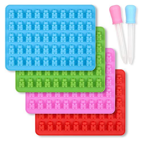 homEdge Gummibärchenformen aus Silikon, 4er-Set, antihaftbeschichtet, Lebensmittelqualität, für Schokolade, Gummibärchen, mit 2 Pipetten, blau, rot, grün und rosa von homEdge