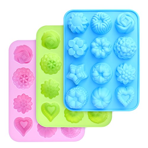 homEdge in Lebensmittelqualität, Backform mit Blumen- und Herzform, antihaftbeschichtet, 3er-Pack Silikonformen für Pralinen, Süßigkeiten, Gelee, Eiswürfel, Muffin (rosa, blau und grün) von homEdge