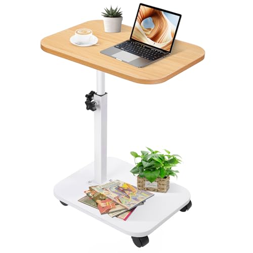homdat Beistelltisch mit Rollen, Höhenverstellbar (45-80cm), C-Form Design in Ursprüngliche Holzfarbe, 360° Drehbar, Praktischer Couchtisch für Wohnzimmer, Couch & Bett von homdat