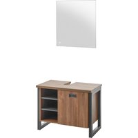 Home affaire Badmöbel-Set "Detroit, Bad im Industrialdesign, inkl. LED, 2-teiliges Badezimmer", (2 St.), Waschbeckenunterschrank und Spiegel, holzfarben, mit offenen Fächern von home affaire