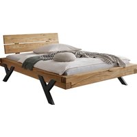 Home affaire Massivholzbett "Ultima Balkenbett Doppelbett, Füße aus Metall in Y-Form", (hohe Belastbarkeit: 200kg je Seite), FSC-zertifizierte Wildeiche oder Fichte, viele Breiten zur Auswahl von home affaire