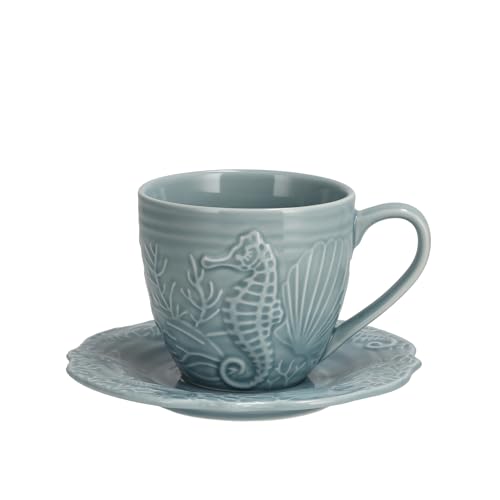 home&you - Kaffeetasse Aquarelle, 250ml, mit Untertasse, Teetasse, Porzellan, Spülmaschinenfest, Mikrowellengeeignet, Seepferdchen Design - Hellblau von home&you