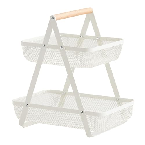 home&you - Obstschale Dalios, Aufbewahrungskorb, 2-stöckig, Metallkorb mit Holzgriff, Organizer für Bad, Küche, Büro, Schreibtisch, Dokumente, 29x27x178cm - Ecru von home&you