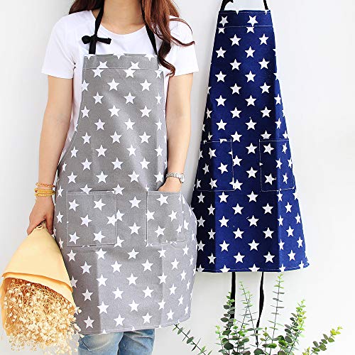 2er Sterne Schürze mit Tasche Baumwolle Leinen Damen Küchenschürze Latzschürze Kochschürze zum Kochen oder Backen grau von RunFar shop
