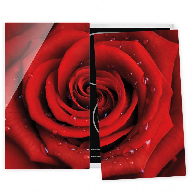 2-teilige Herdabdeckplatte Glas Rote Rose mit Wassertropfen