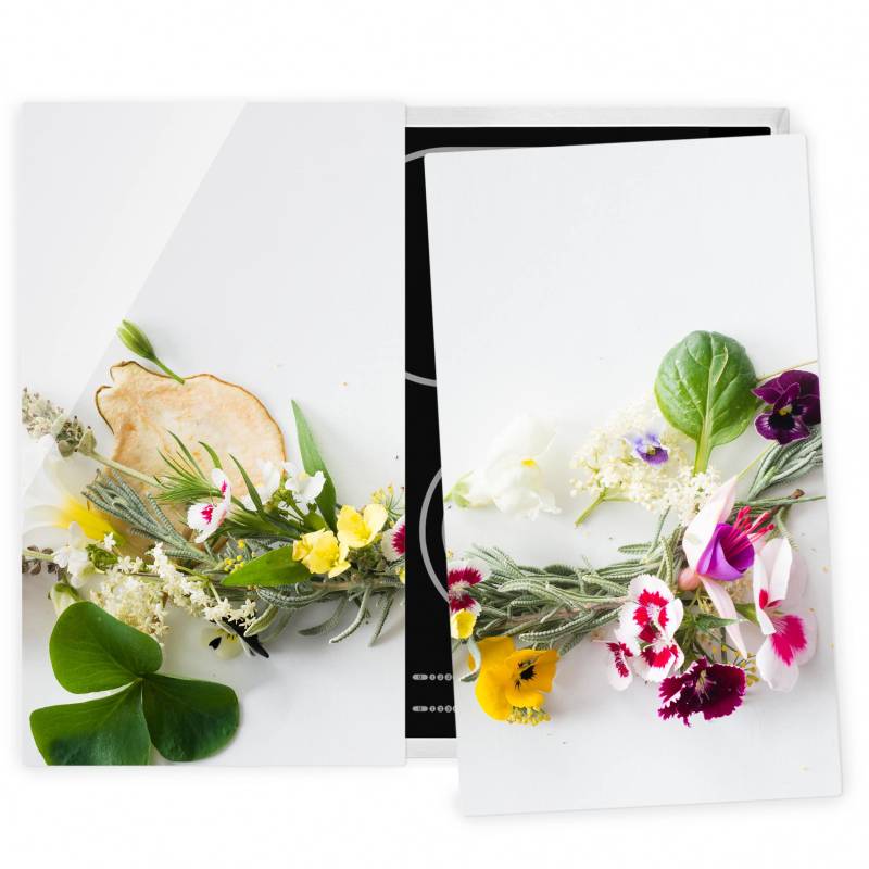 2-teilige Herdabdeckplatte Glas Frische Kräuter mit Essblüten