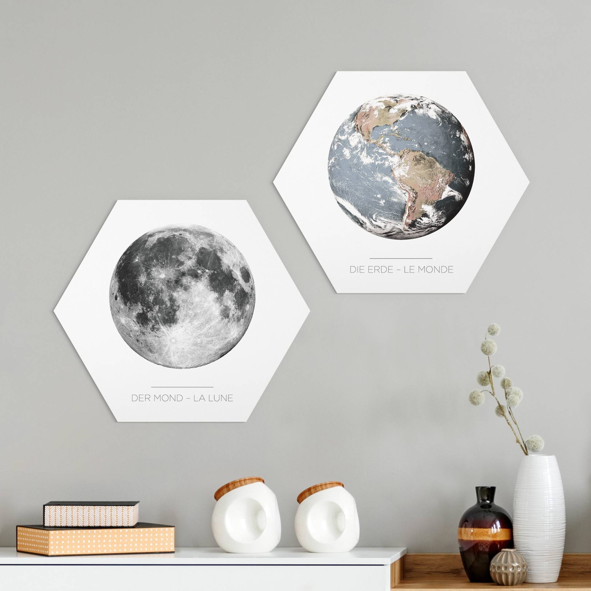 2-teiliges Hexagon-Forexbild Mond und Erde