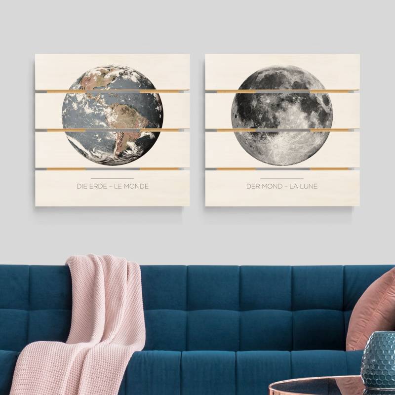 2-teiliges Holzbild Plankenoptik Mond und Erde