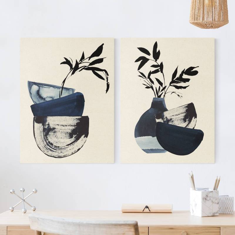 2-teiliges Leinwandbild Japandi Aquarell - Geschirr mit Zweigen